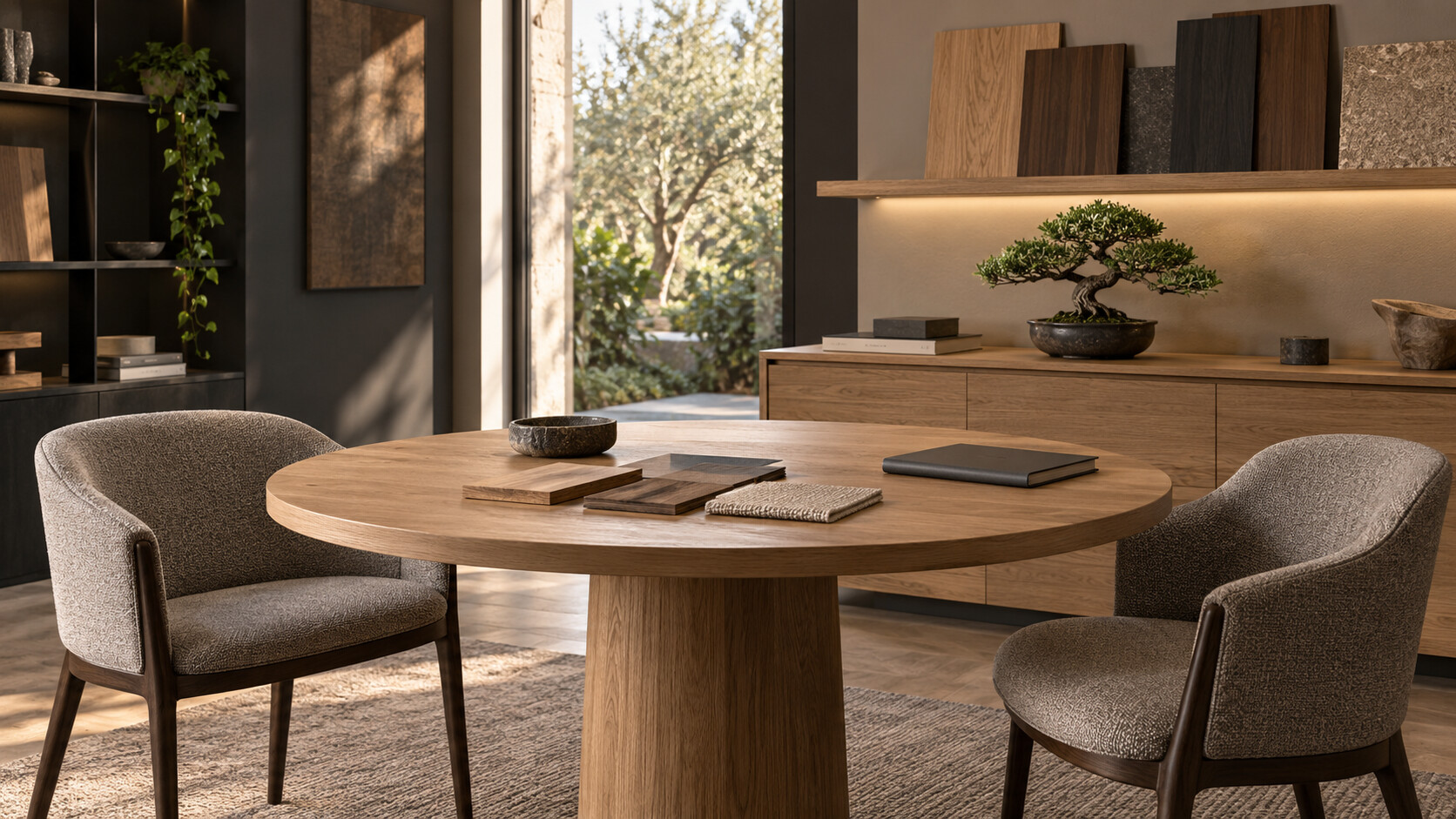 Miejsce rozmowy o projekcie z próbkami materiałów i niewielkim bonsai